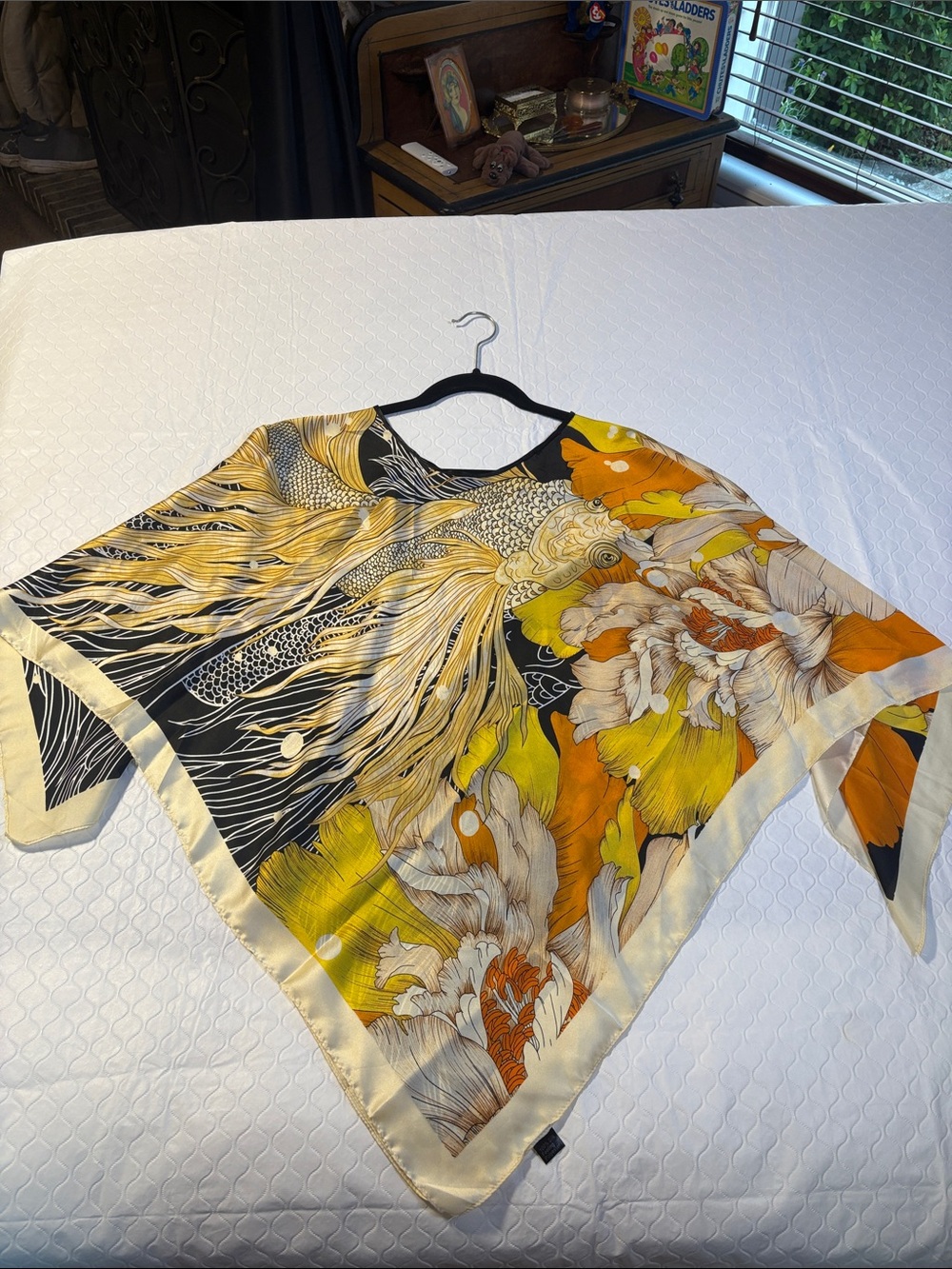 Silk-Feel Floral & Koi Print Wrap Scarf - Yellow, Black, Cream - Picture 4 of 6